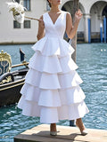 A-Line High Waisted Layered Solid Color V-Neck Maxi Dresses