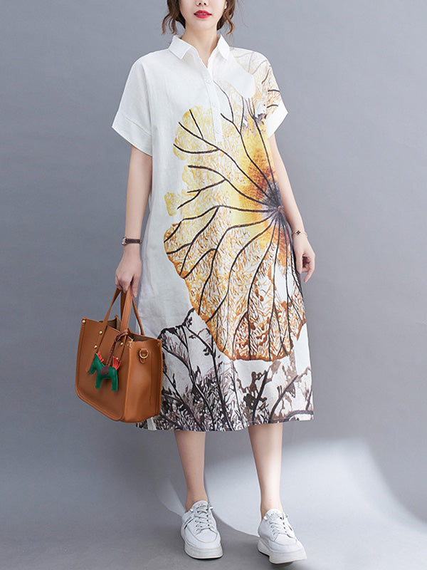 Loose Short Sleeves Buttoned Floral Printed Lapel Collar Midi Dresses Shirt Dress