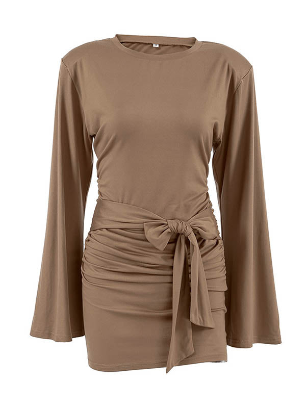 A-Line Bodycon Pleated Solid Color Tied Waist Zipper Round-Neck Mini Dresses