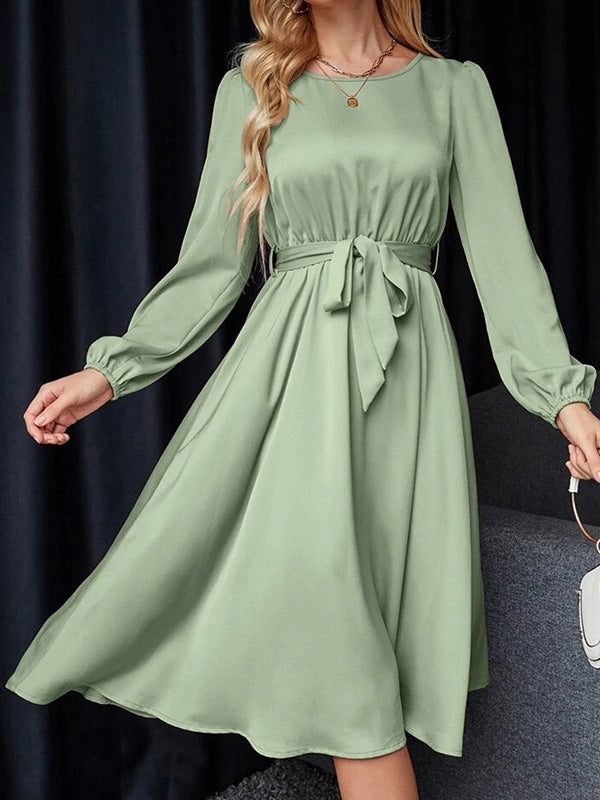 Loose Puff Sleeves Elasticity Pleated Solid Color Split-Joint Tied Waist Round-Neck Midi Dresses