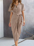 Bodycon Half Sleeves Buttoned Contrast Color Tied Waist Lapel Midi Dresses