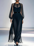 False Two Loose Gauze Pleated See-Through Round-Neck Maxi Dresses