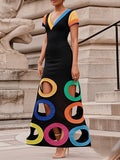 A-Line High Waisted Colorful Contrast Color Hollow V-Neck Maxi Dresses