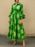 Flared Sleeves High Waisted Flower Print Pleated Lapel Maxi Dresses