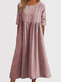 A-Line Half Sleeves Pleated Pockets Solid Color Round-Neck Midi Dresses