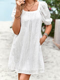Loose Puff Sleeves Jacquard Solid Color Square-Neck Mini Dresses