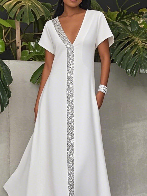 A-Line Loose Pockets Shiny Solid Color V-Neck Maxi Dresses