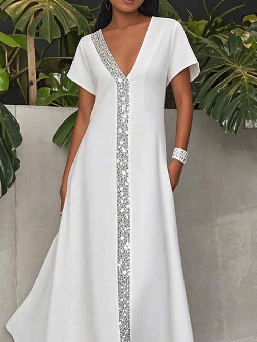 A-Line Loose Pockets Shiny Solid Color V-Neck Maxi Dresses