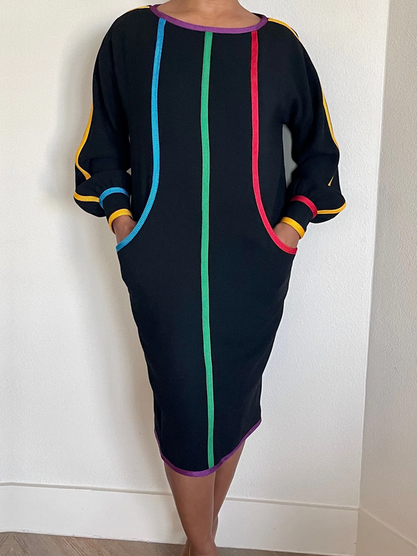 Long Sleeves Puff Sleeves Contrast Color Pockets Round-Neck Midi Dresses