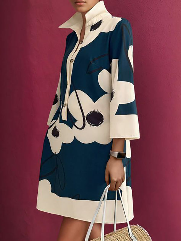 A-Line Loose Buttoned Flower Print Stand Collar Mini Dresses