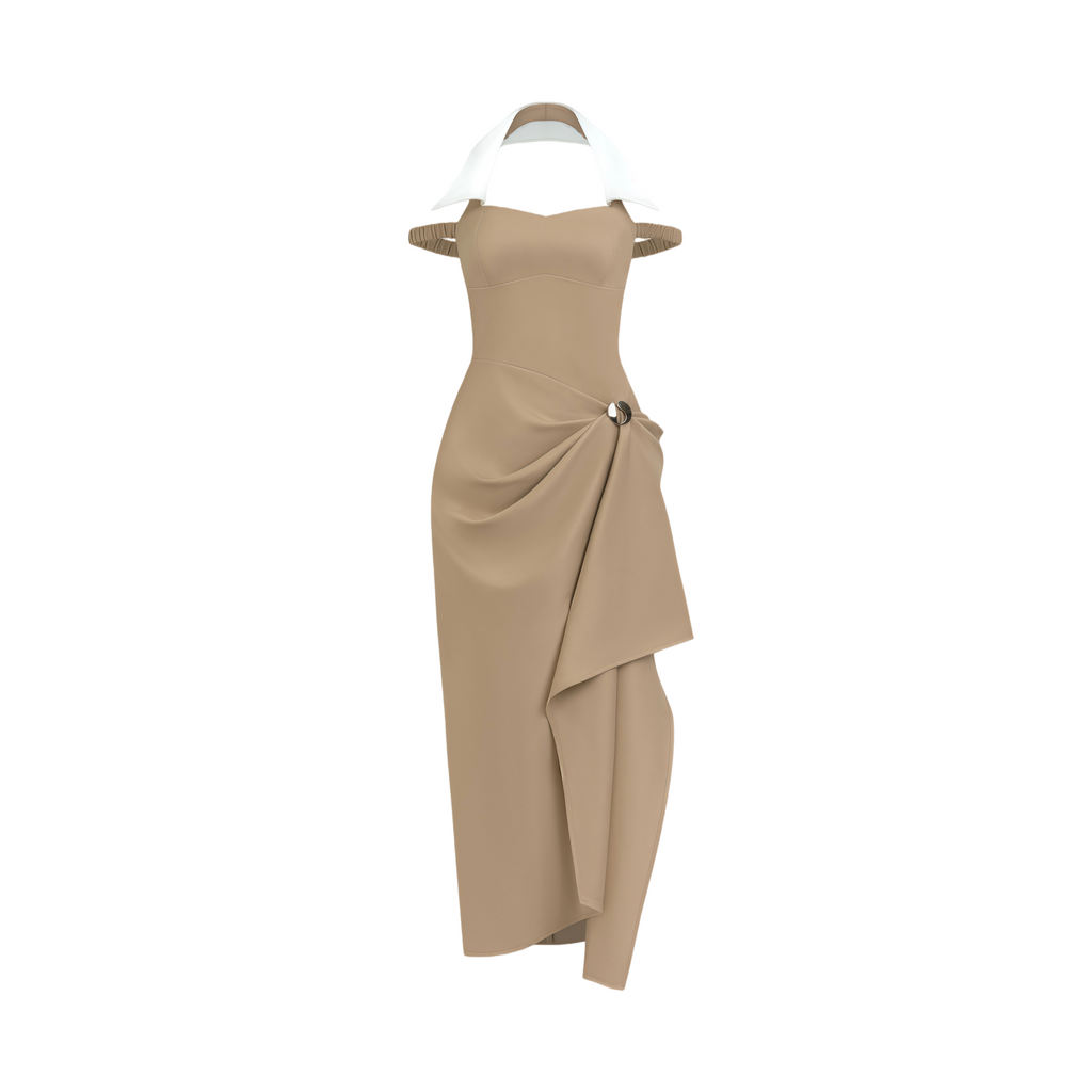 Kaelin Khaki Halterneck Asymmetrical Gathered Midi Dress