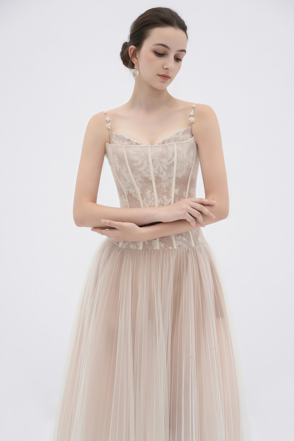 Mira Neutrals Lace Panel Tulle Maxi Dress