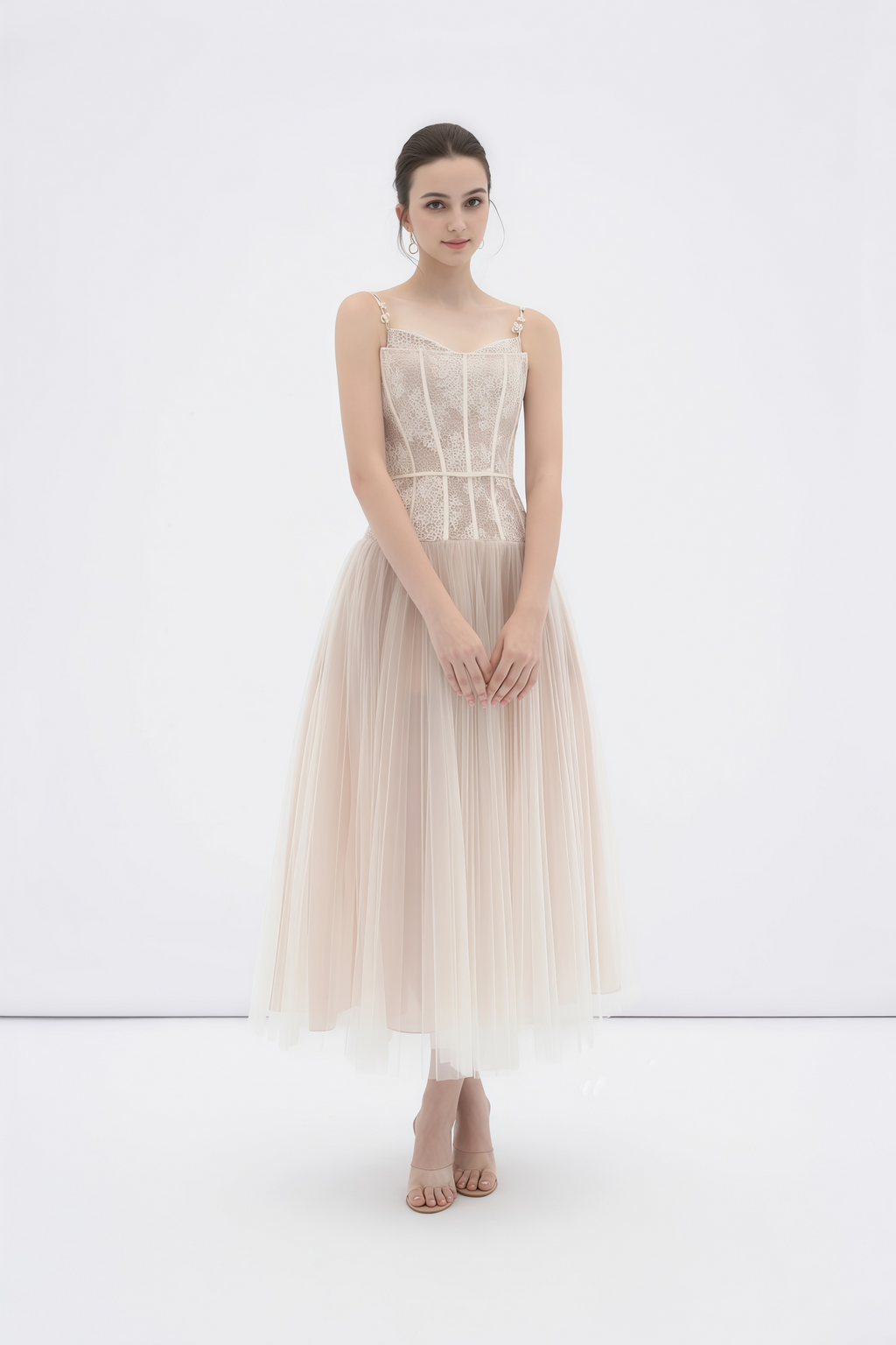 Mira Neutrals Lace Panel Tulle Maxi Dress