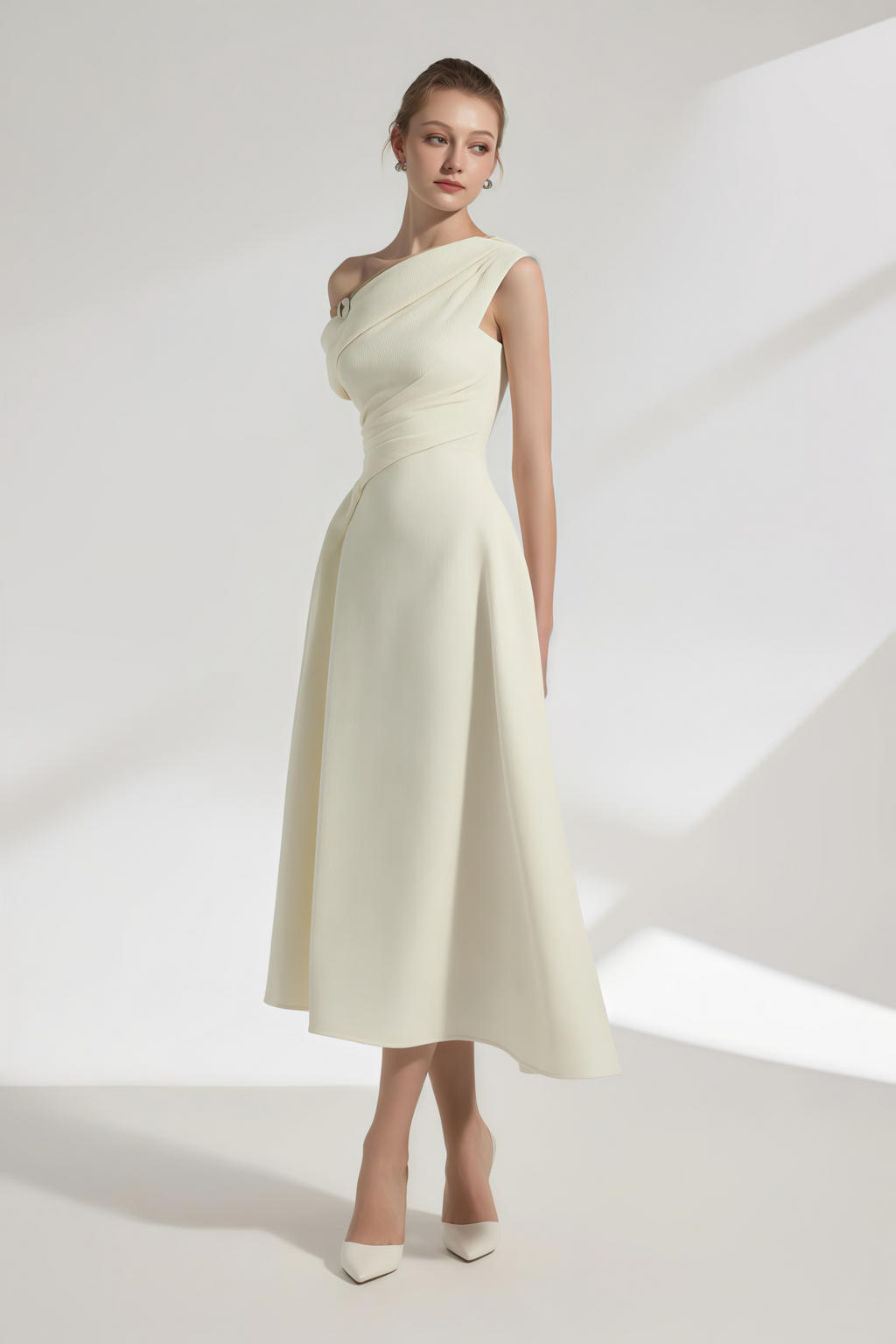 Blossom White One Shoulder Ruched Midi Dress