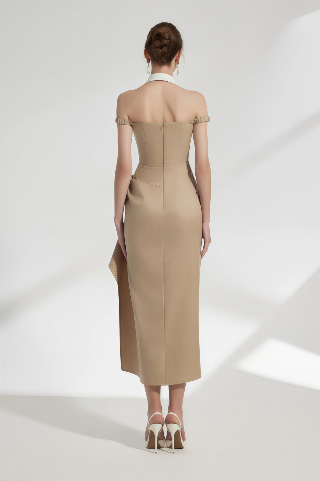 Kaelin Khaki Halterneck Asymmetrical Gathered Midi Dress
