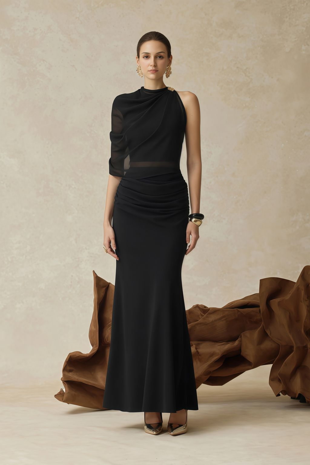 Calypso Black Asymmetrical Ruched Top & Skirt Set