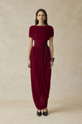 Gianna Burgundy Shawl Design Draped Maxi Dress