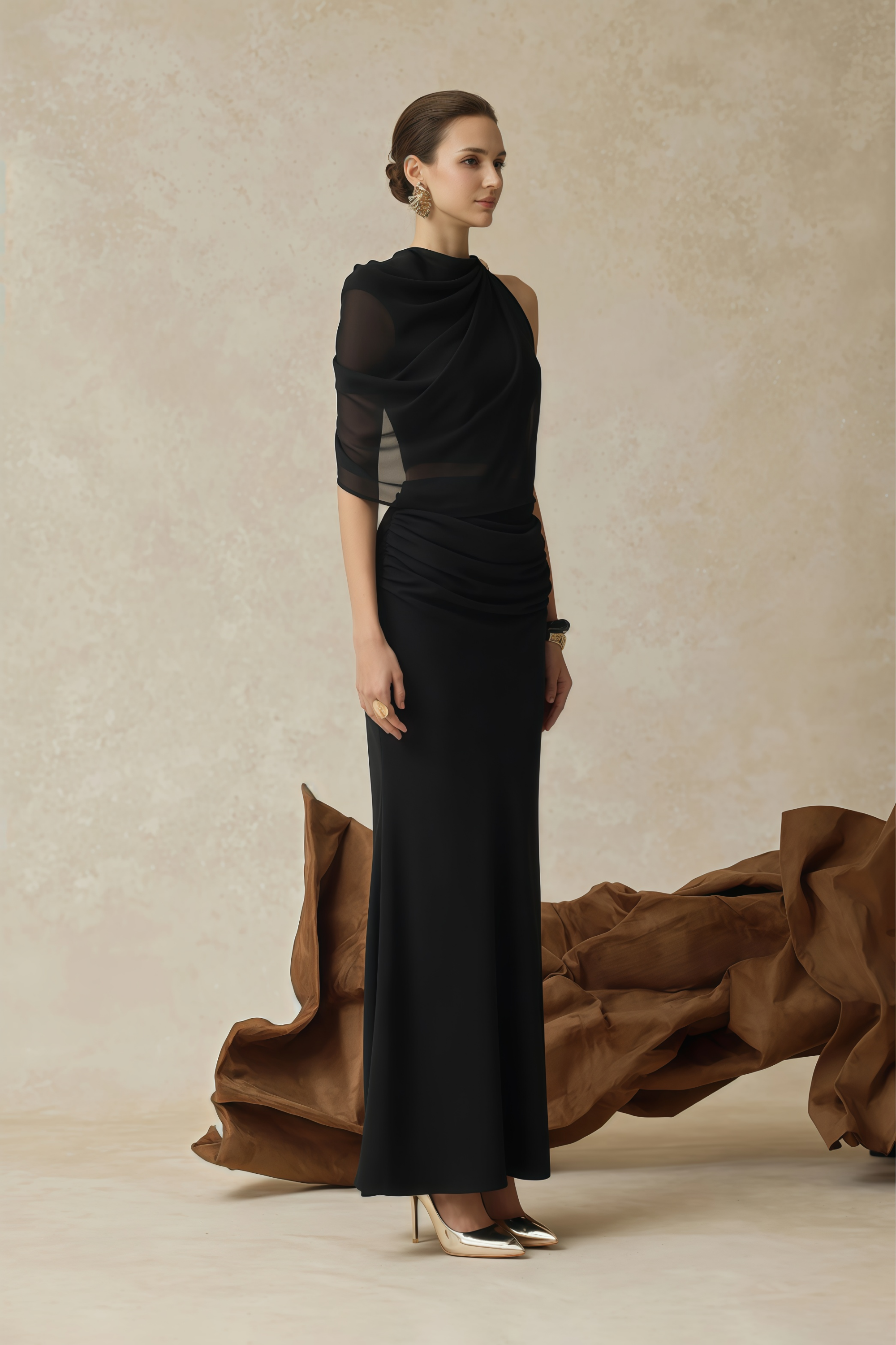 Calypso Black Asymmetrical Ruched Top & Skirt Set