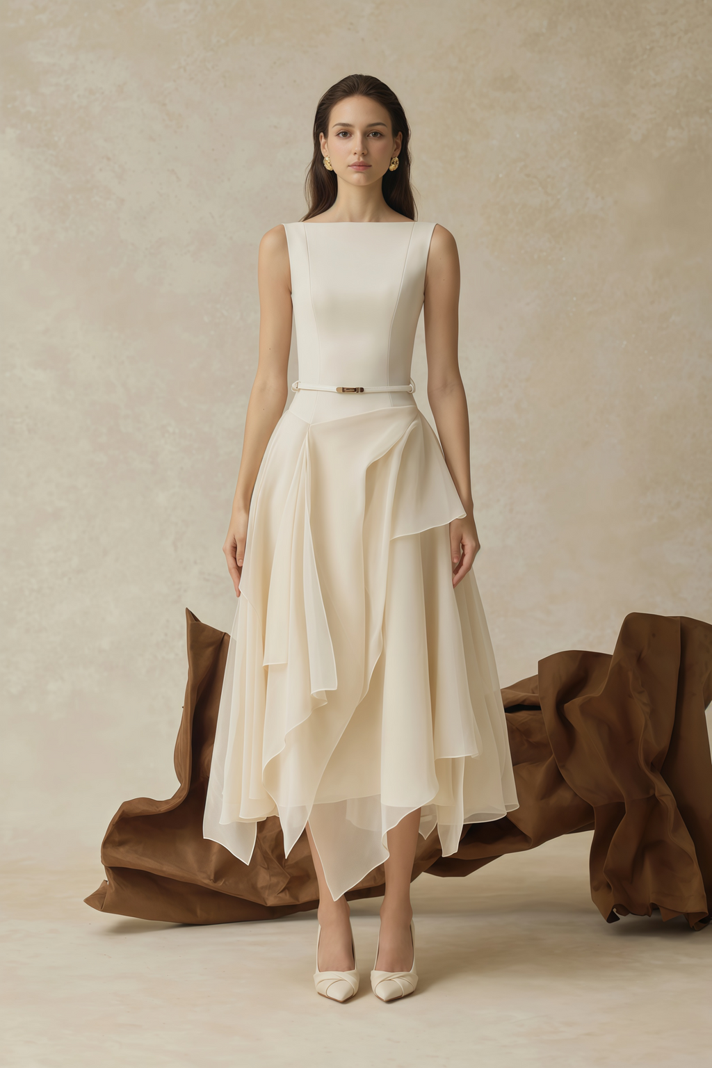 Aria White Asymmetrical Shawl & Tulle Panel Dress Set
