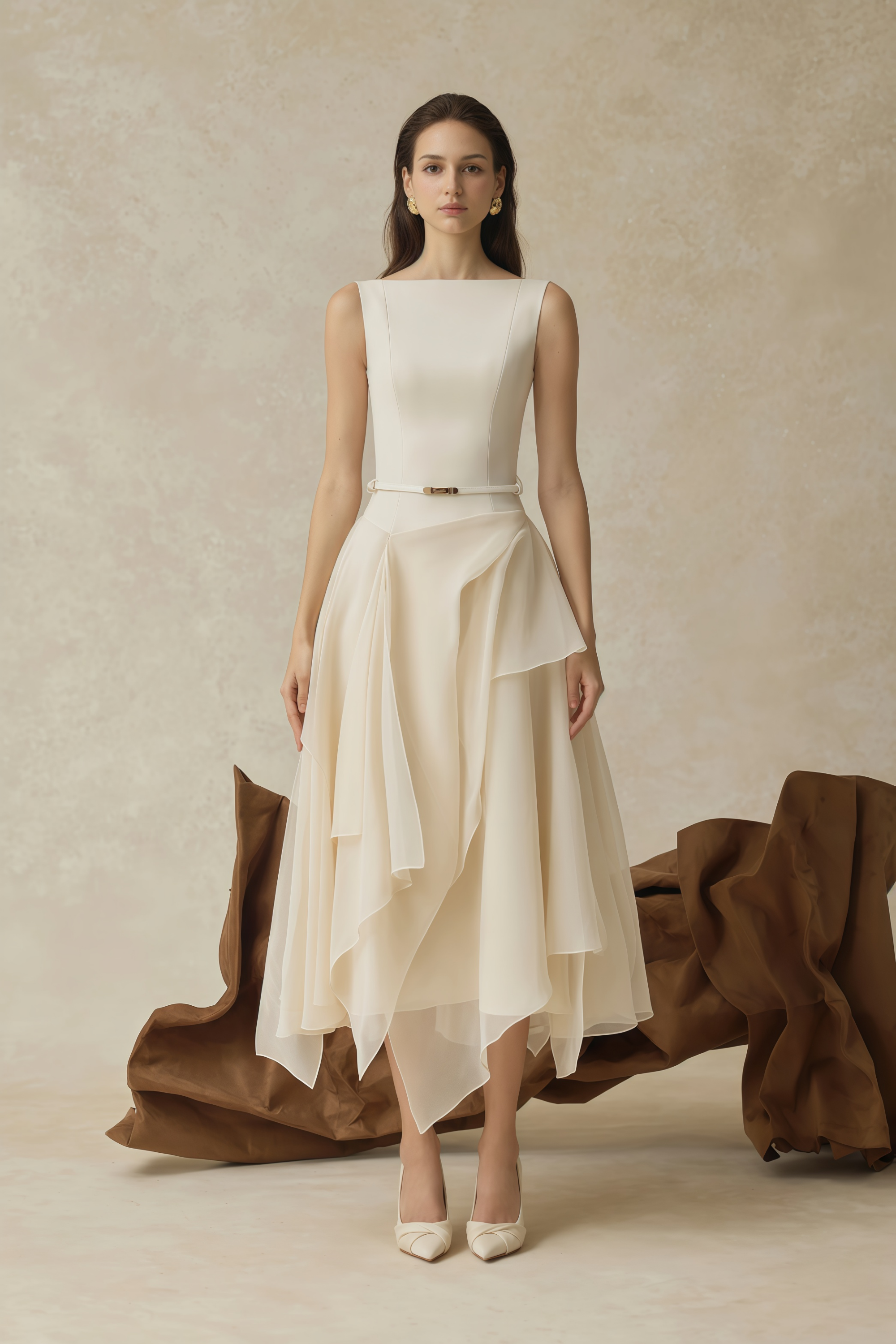 Aria White Asymmetrical Shawl & Tulle Panel Dress Set