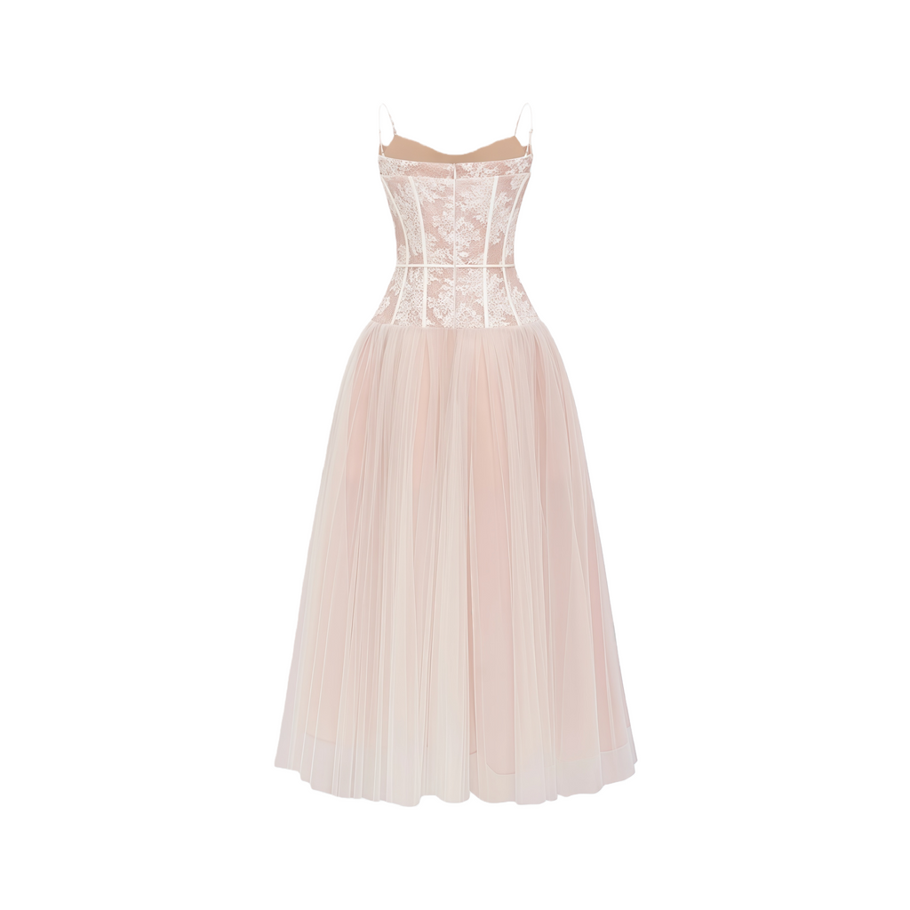 Mira Neutrals Lace Panel Tulle Maxi Dress