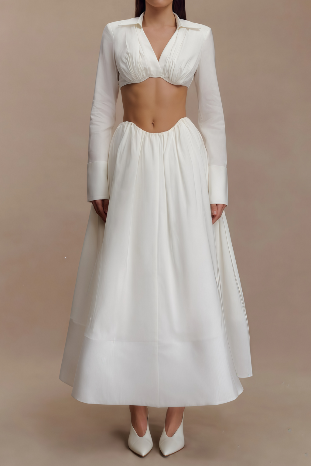 Caterina White Shirred Shirt & Skirt Set