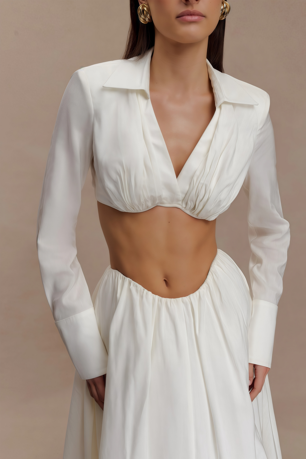 Caterina White Shirred Shirt & Skirt Set