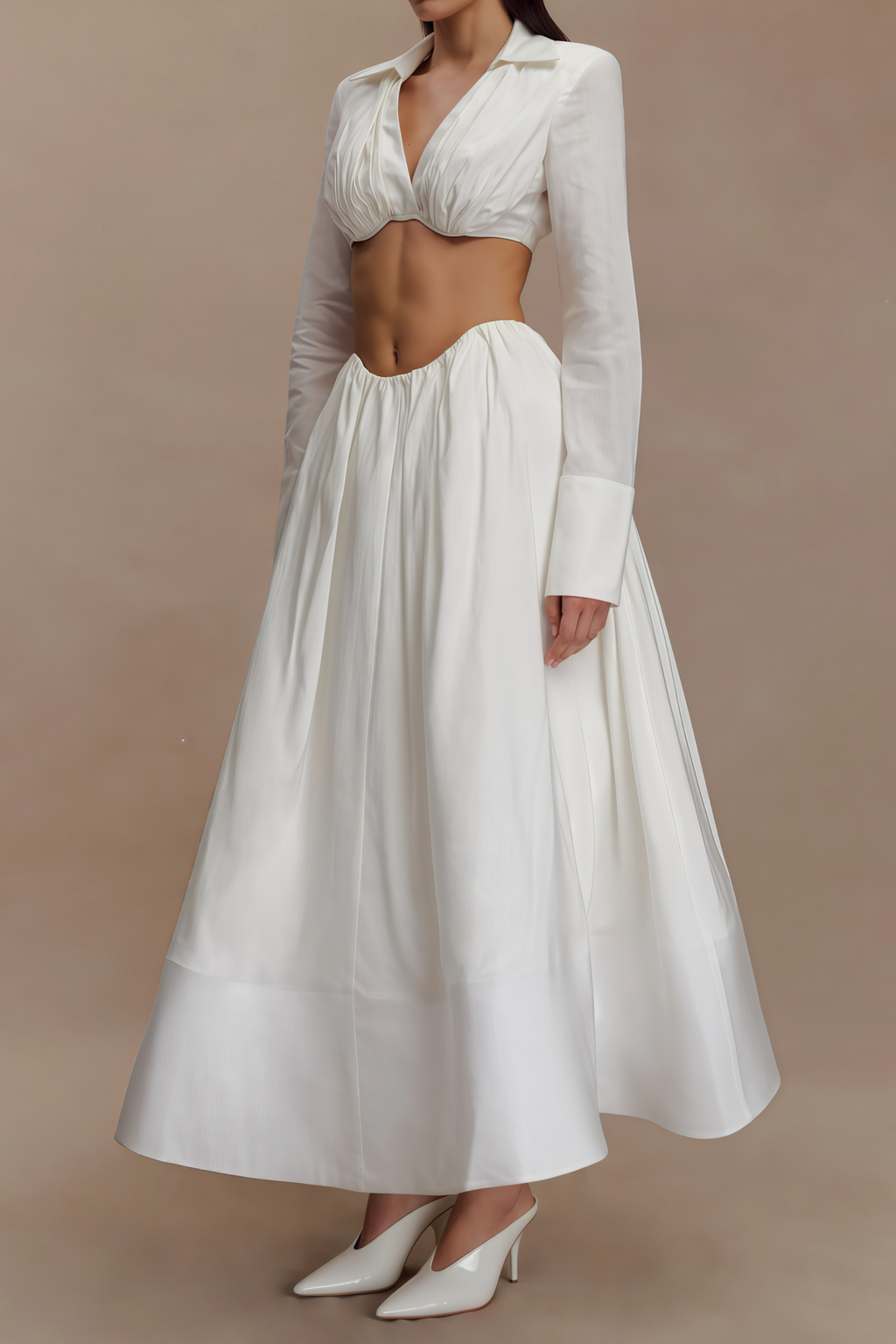 Caterina White Shirred Shirt & Skirt Set