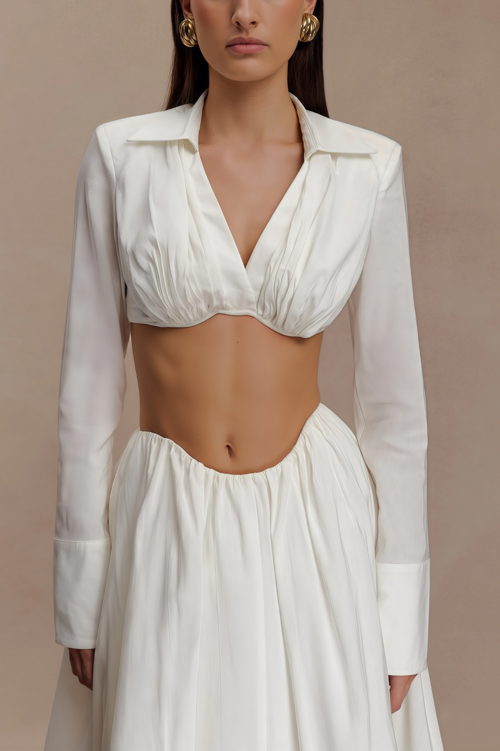 Caterina White Shirred Shirt & Skirt Set