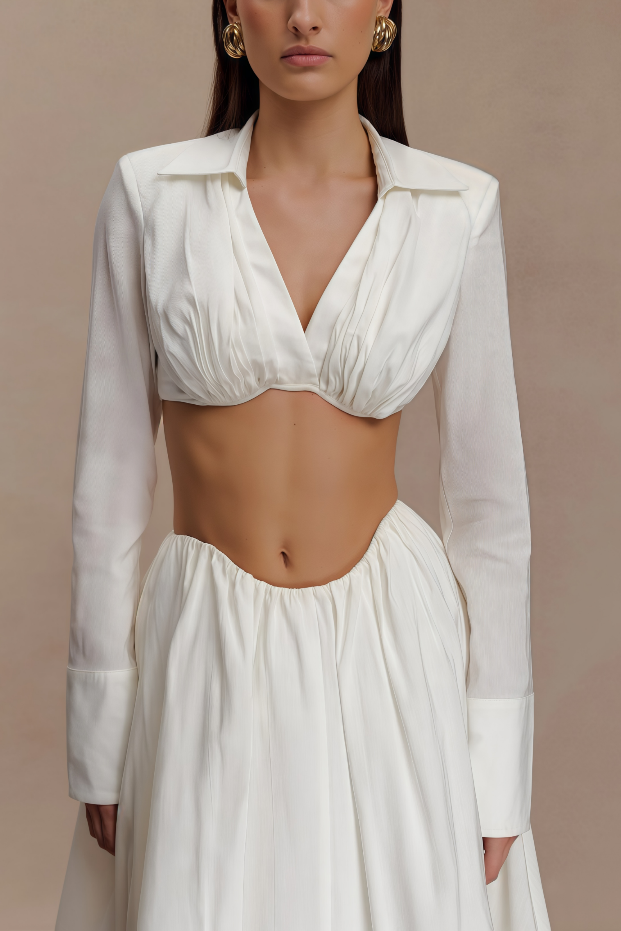 Caterina White Shirred Shirt & Skirt Set