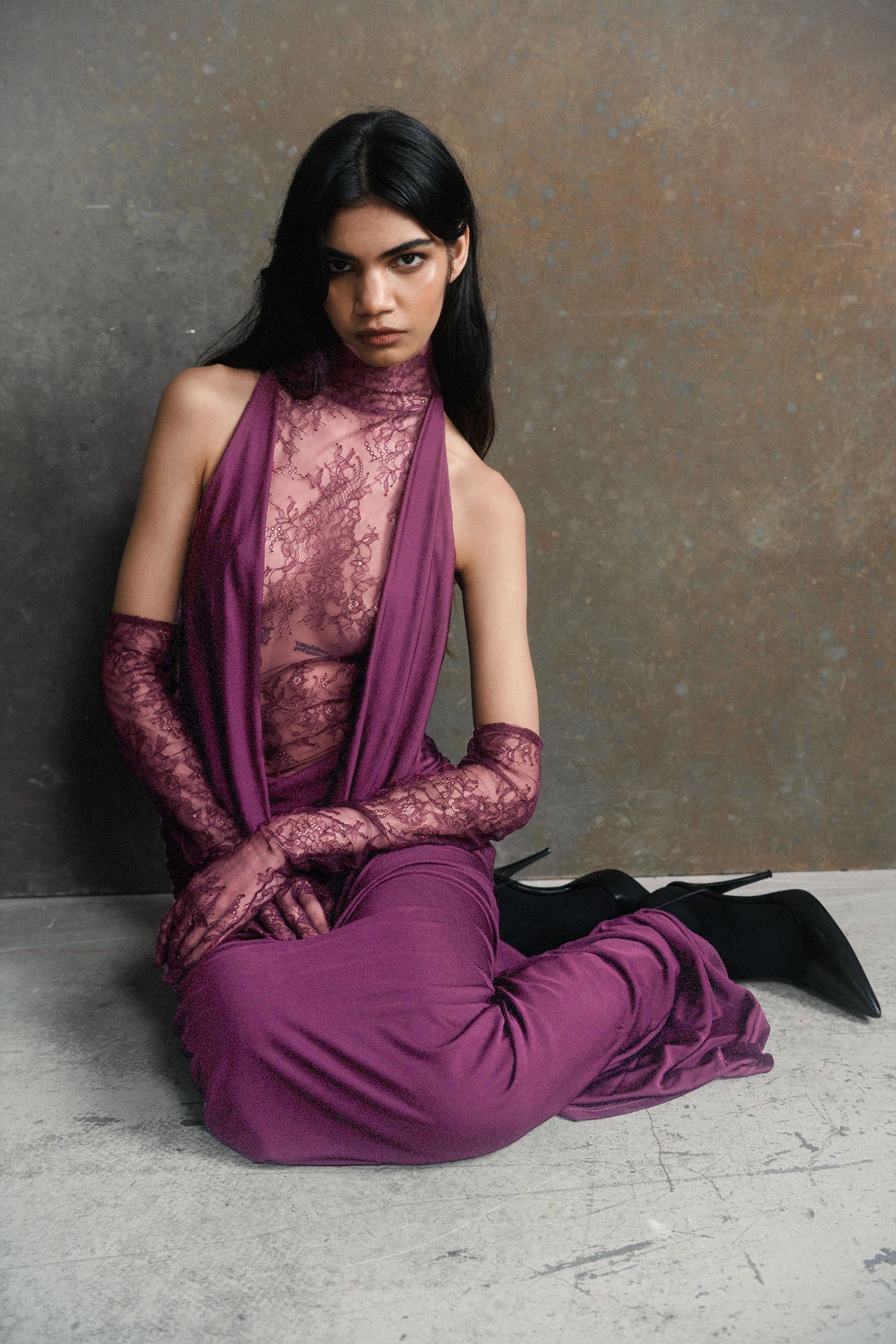Borbála Magenta Lace Bodice Ruched Maxi Dress