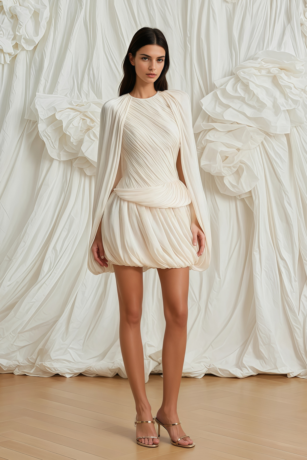 Othilie Neutral Cape Design Creased Mini Dress