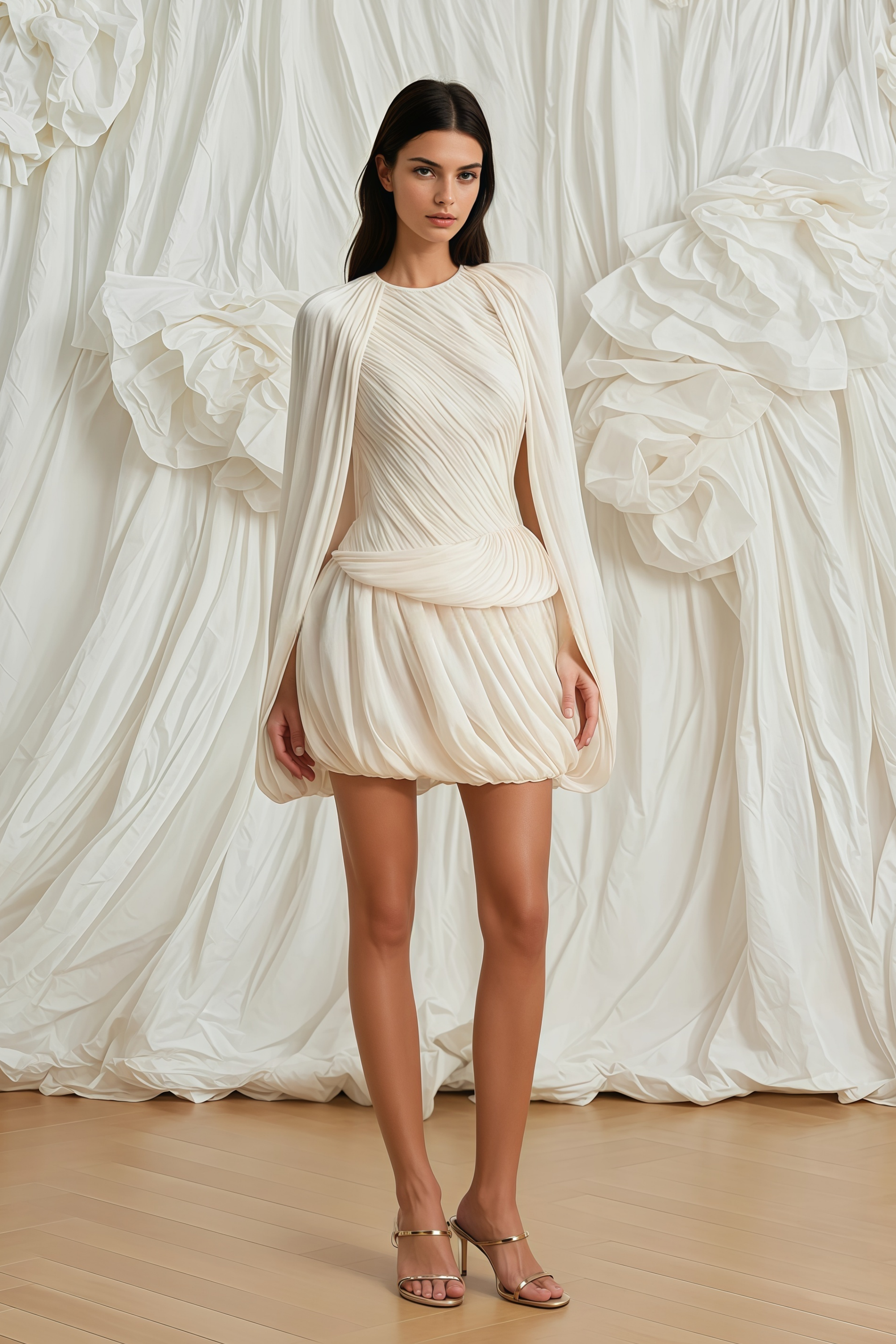 Othilie Neutral Cape Design Creased Mini Dress