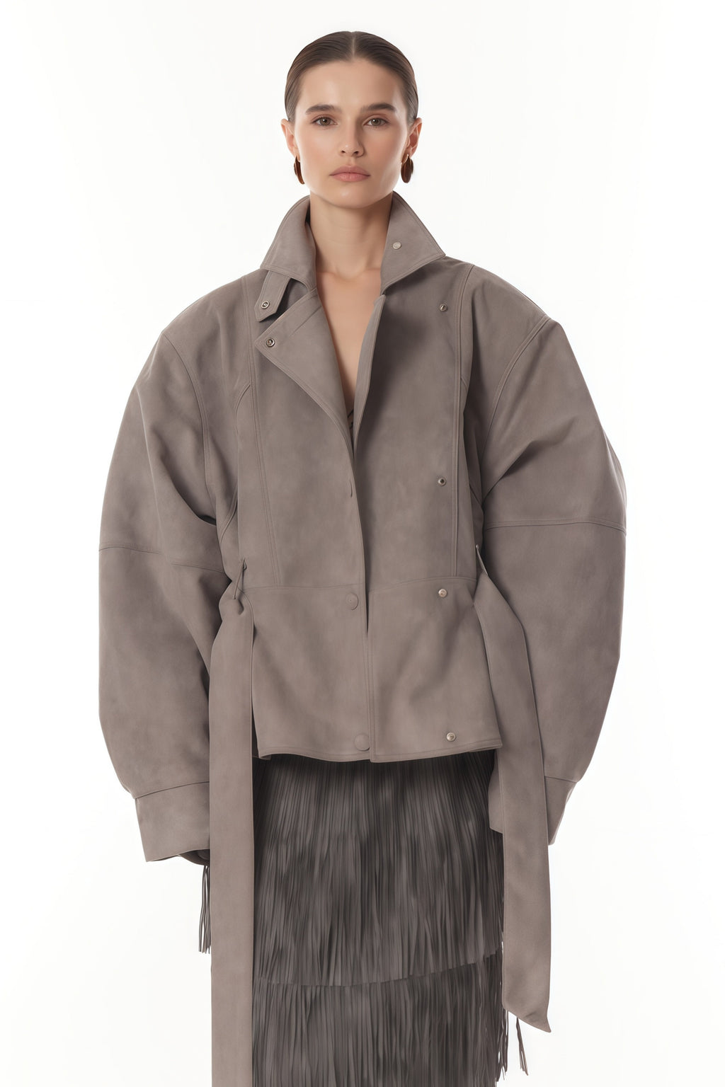 Aveline Grey Belted Suede Biker Jacket