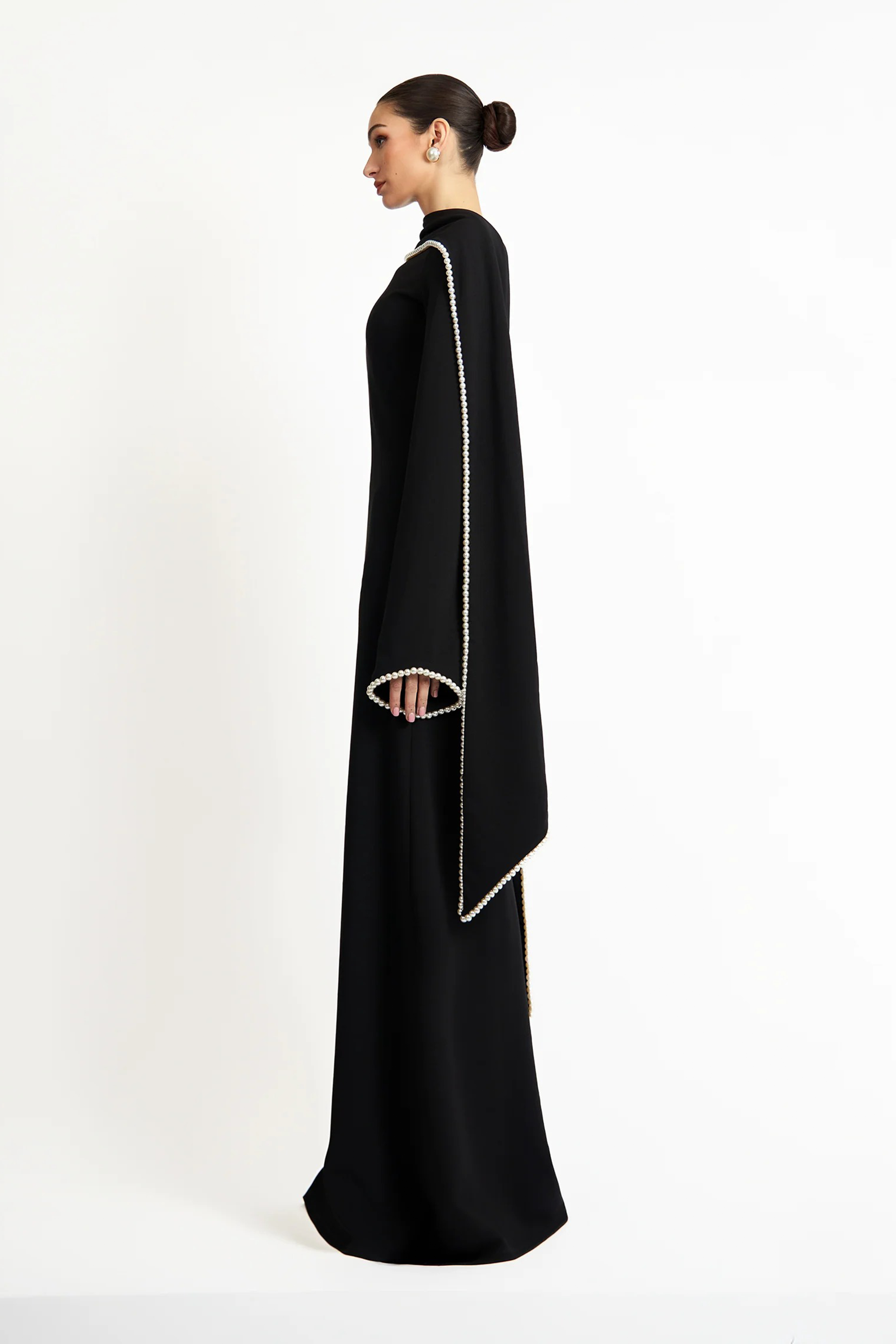 Piroska Black Pearl Trim Shawl Detail Maxi Dress