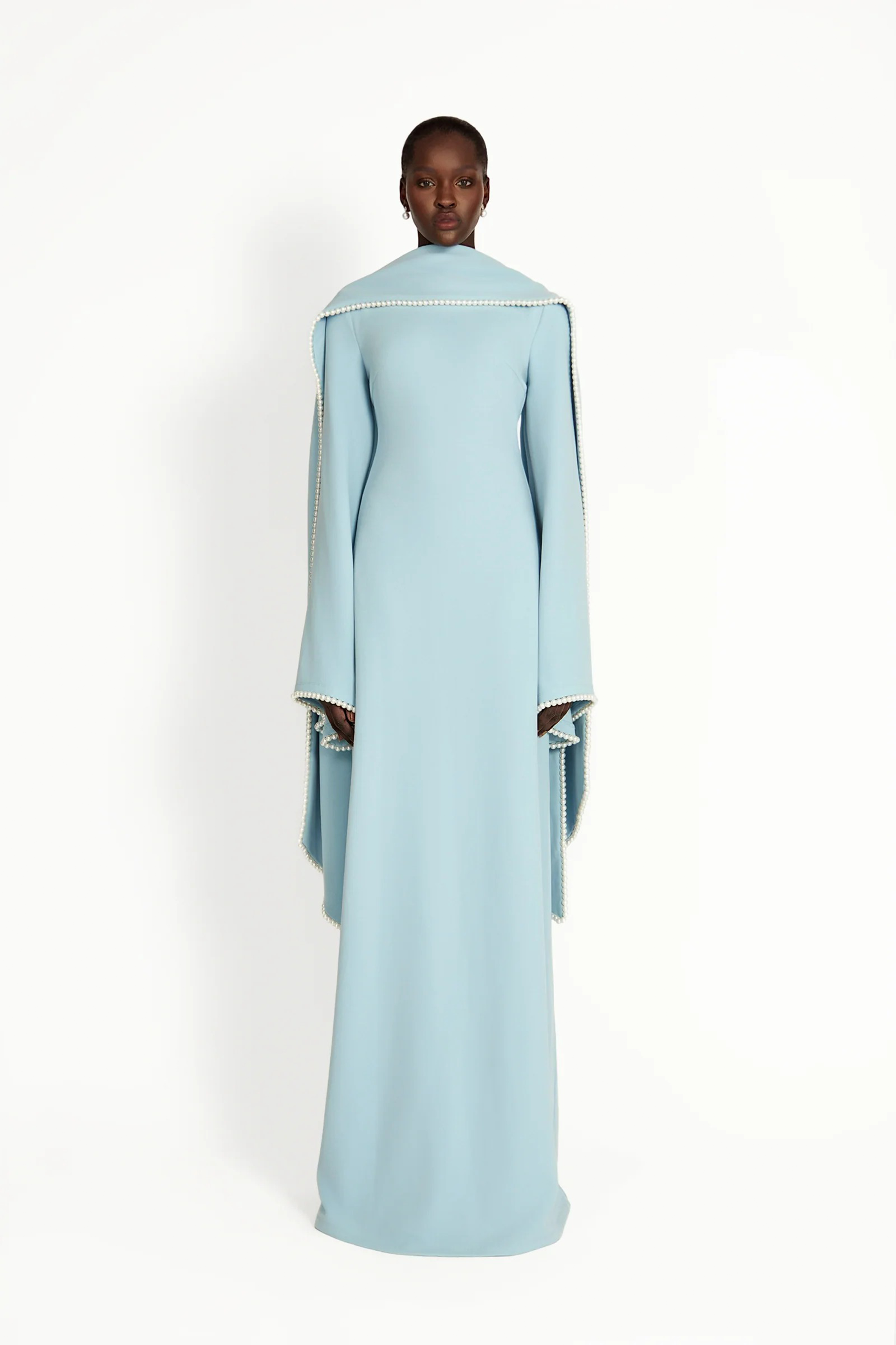 Piroska Blue Pearl Trim Shawl Detail Maxi Dress
