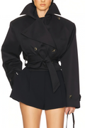 Avril Black Double-Breasted Short Trench Coat