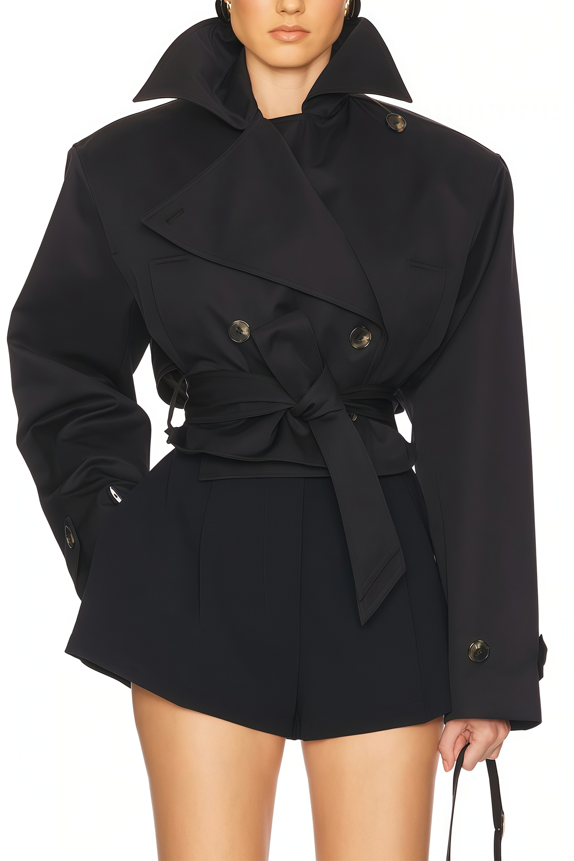Avril Black Double-Breasted Short Trench Coat