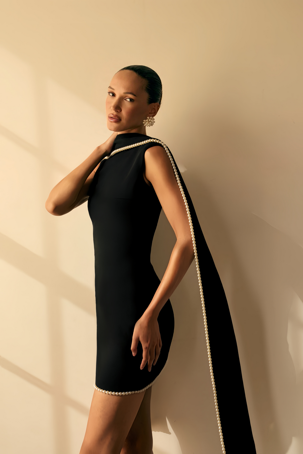 Piroska Black Sleeveless Pearl Trim Mini Dress