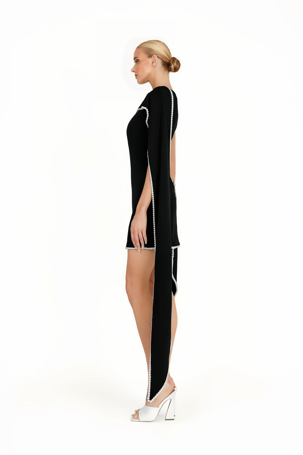 Piroska Black Sleeveless Pearl Trim Mini Dress