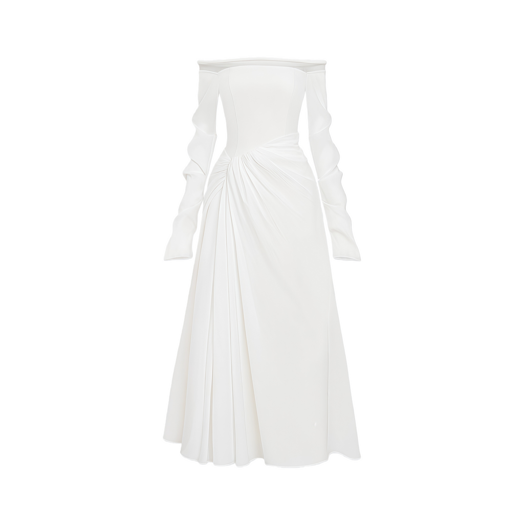 Gelsomina White Gathered Crepe Midi Dress