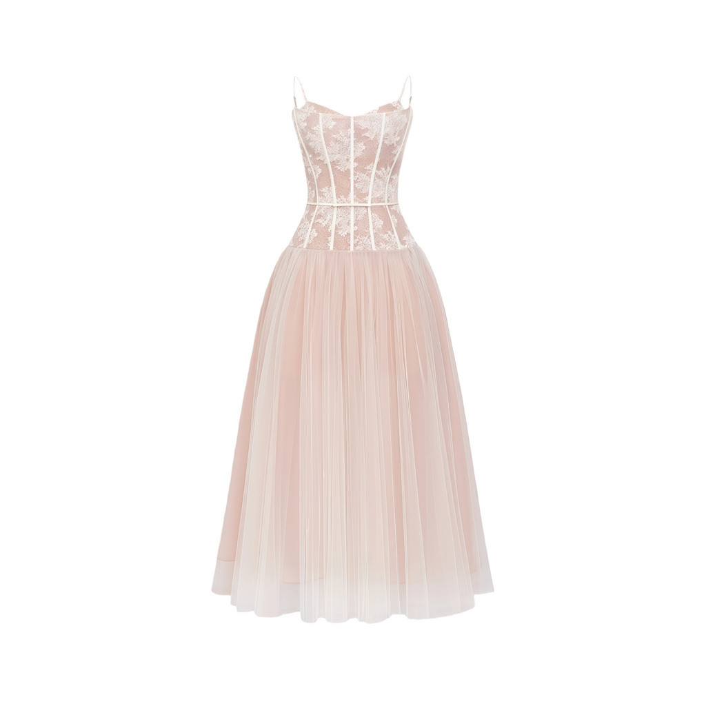 Mira Neutrals Lace Panel Tulle Maxi Dress