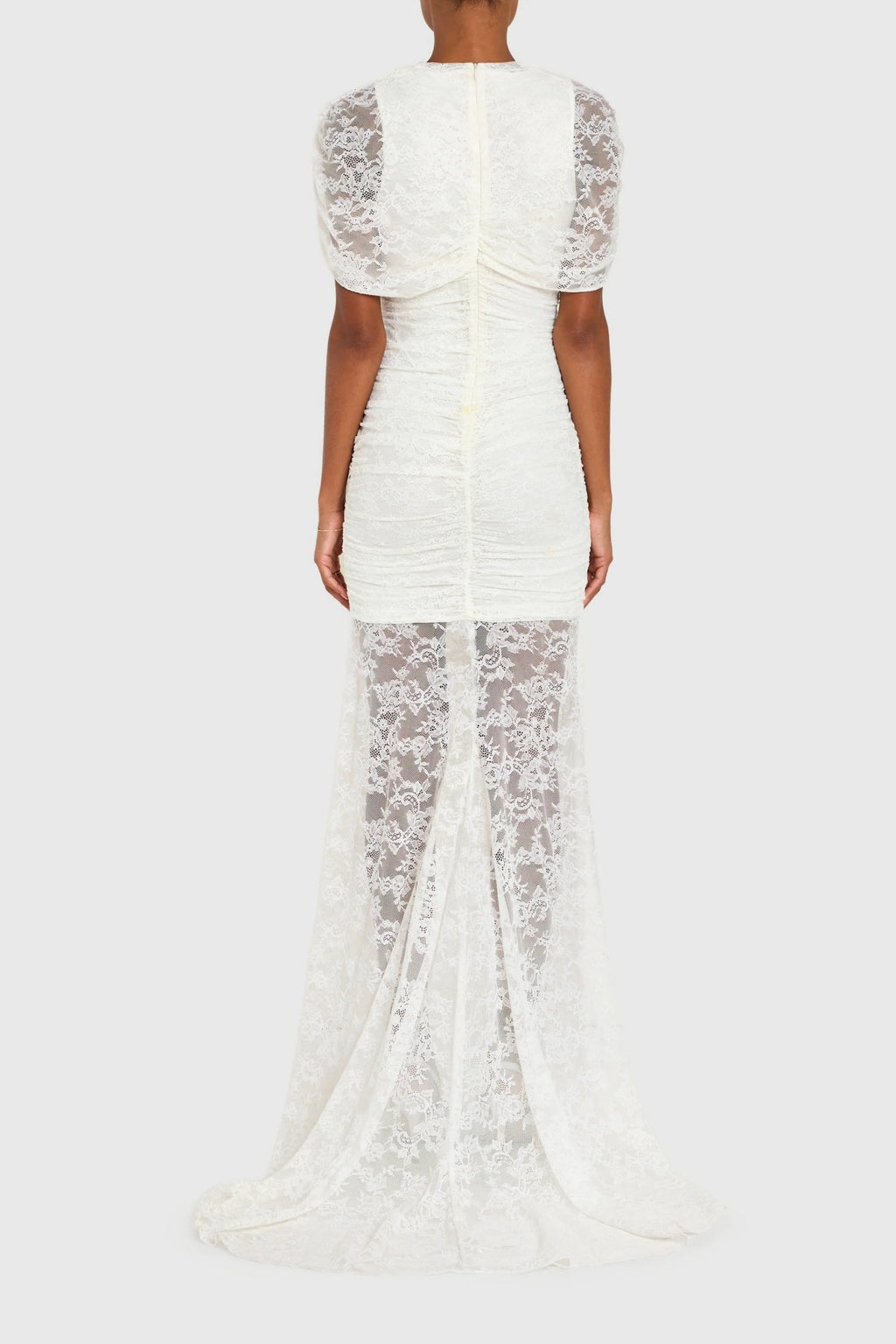 Sylphe White Asymmetrical Ruched Mesh Maxi Dress