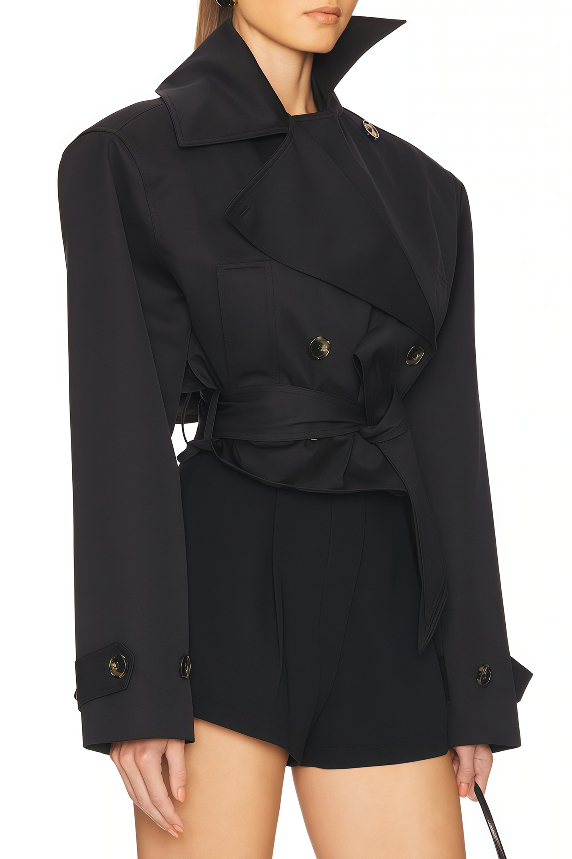 Avril Black Double-Breasted Short Trench Coat