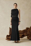 Calypso Black Asymmetrical Ruched Top & Skirt Set