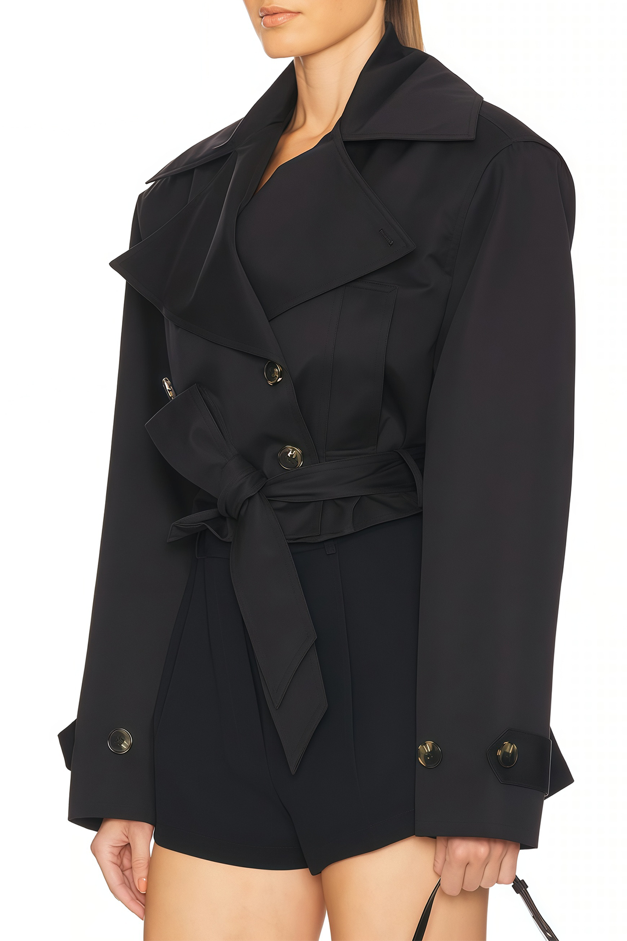 Avril Black Double-Breasted Short Trench Coat